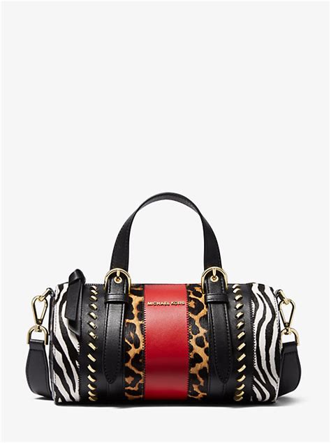 michael michael kors stanton calf hair & leather messenger bag|Michael Kors Stanton Animal Print Calf Hair and Leather Barrel Bag.